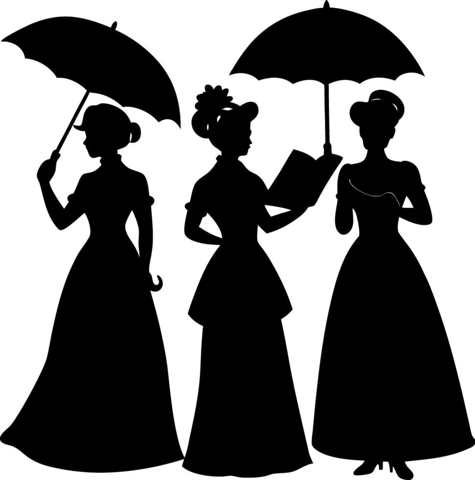 Classic Victorian Ladies Silhouette Art with Umbrellas and Books for Timeless Elegance vector