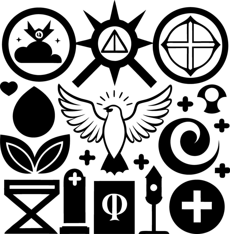 Minimalist Black and White Christian Symbol Collection Including Dove, Cross, and Sacred Elements vector