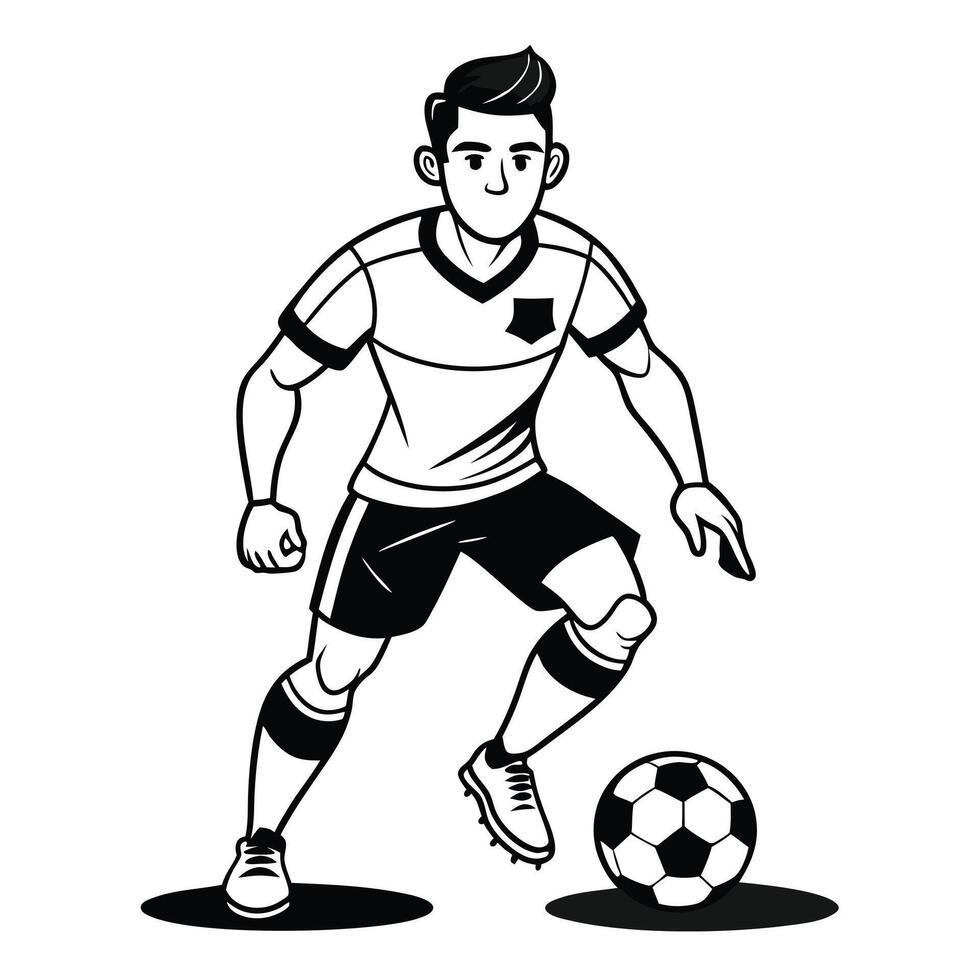 Black and White Illustration of a Soccer Player Dribbling a Ball in Action vector