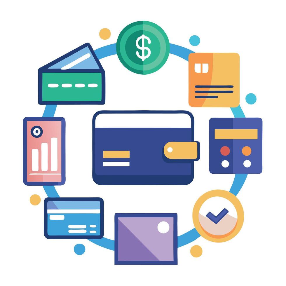 Illustrated Collection of Digital Banking, Contactless Payments, and Online Shopping Icons vector