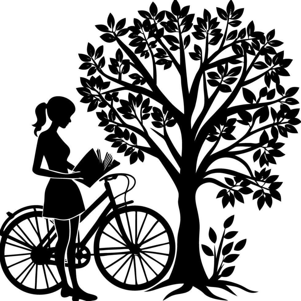 Artistic Silhouette of a Woman with a Ponytail Sitting on a Bicycle and Reading a Book vector