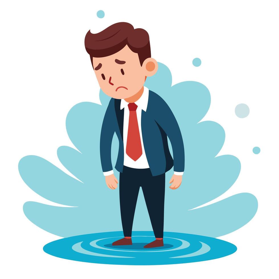 Cartoon Illustration of a Depressed Businessman Stuck in a Pool of Problems and Hardships vector