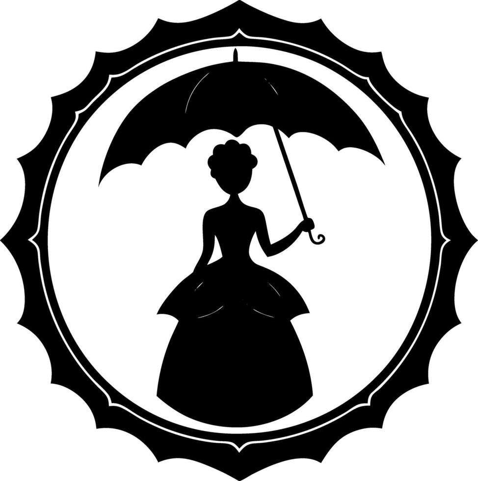 Elegant Victorian Princess Silhouette Holding an Umbrella in a Decorative Vintage Frame vector