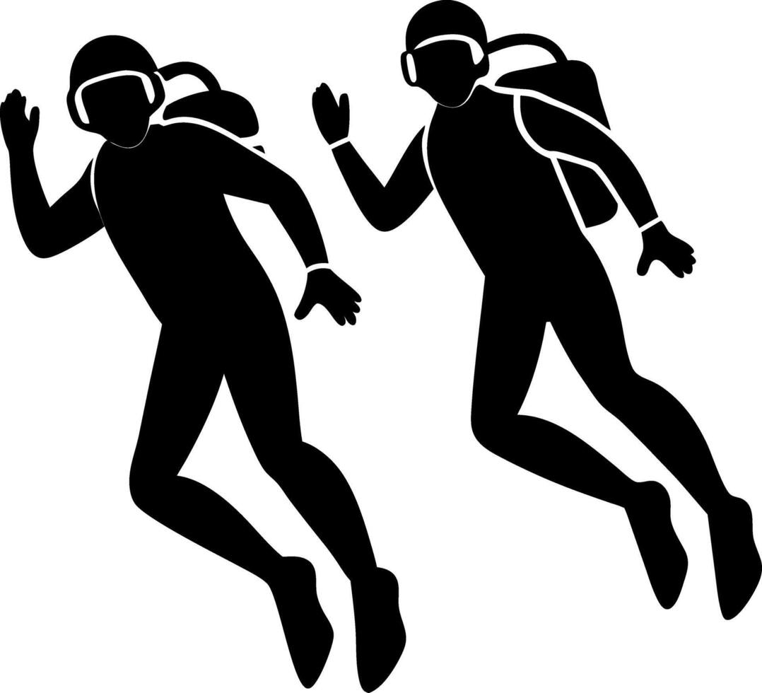 Black Silhouette of Scuba Divers Exploring Underwater Depths - High-Quality vector