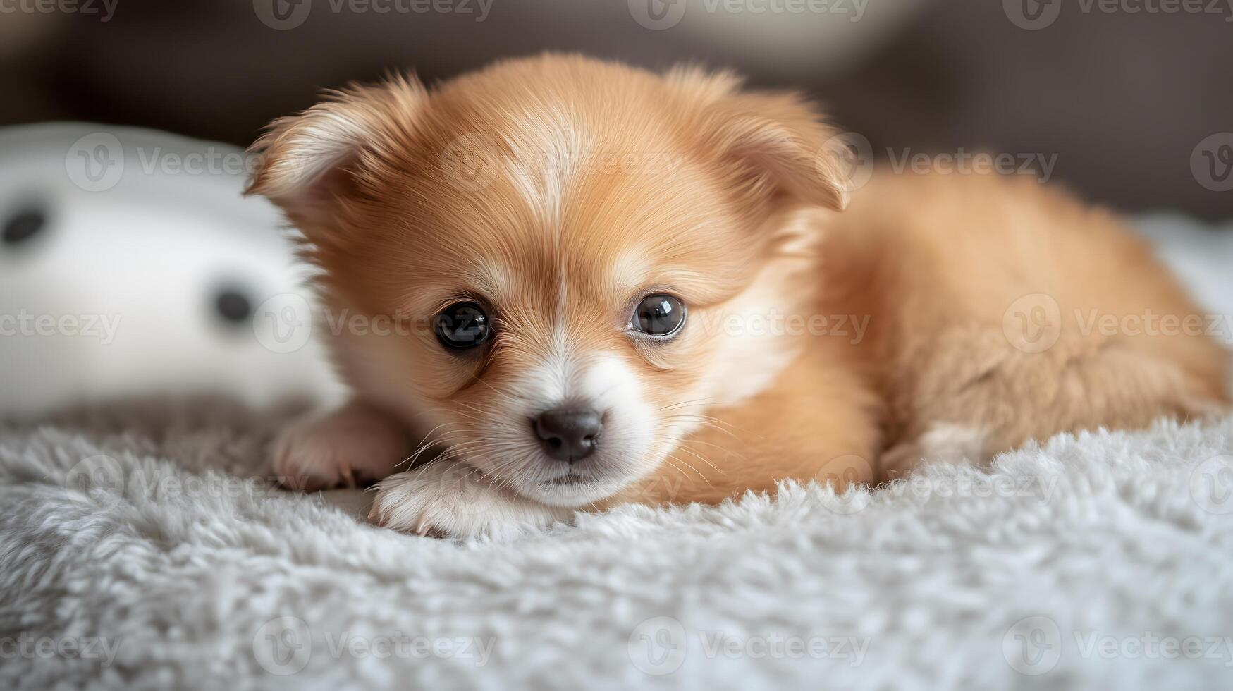 Adorable Fluffy Brown Puppy Resting on a Soft Blanket photo