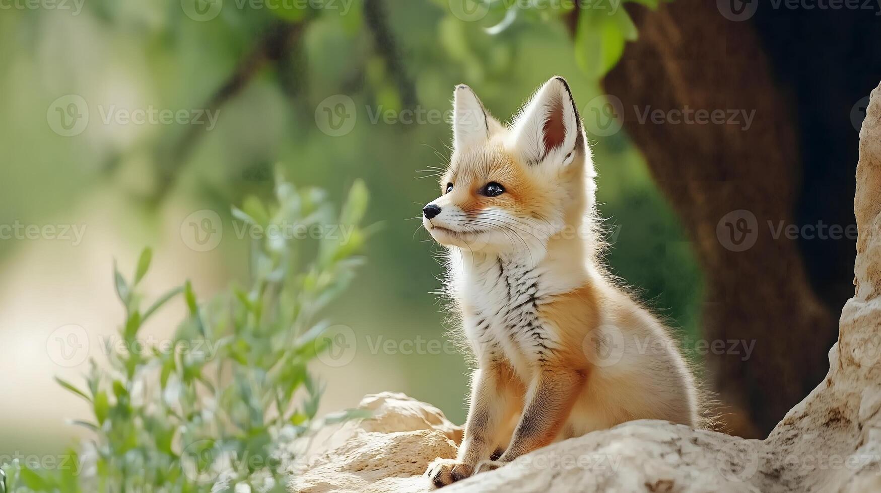 Curious Fennec Fox Pup Sitting on a Rock in Nature photo