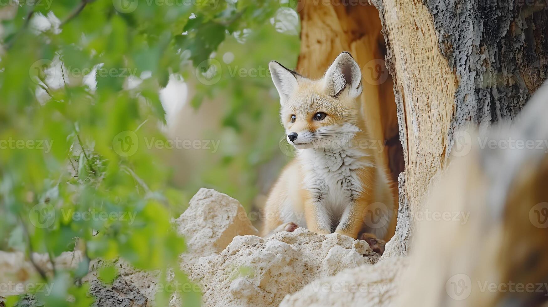 Adorable Fennec Fox Pup Sitting Near a Tree Hollow photo