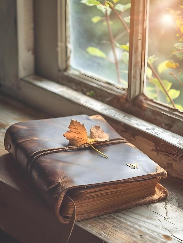 Autumn leaf on a leather book photo