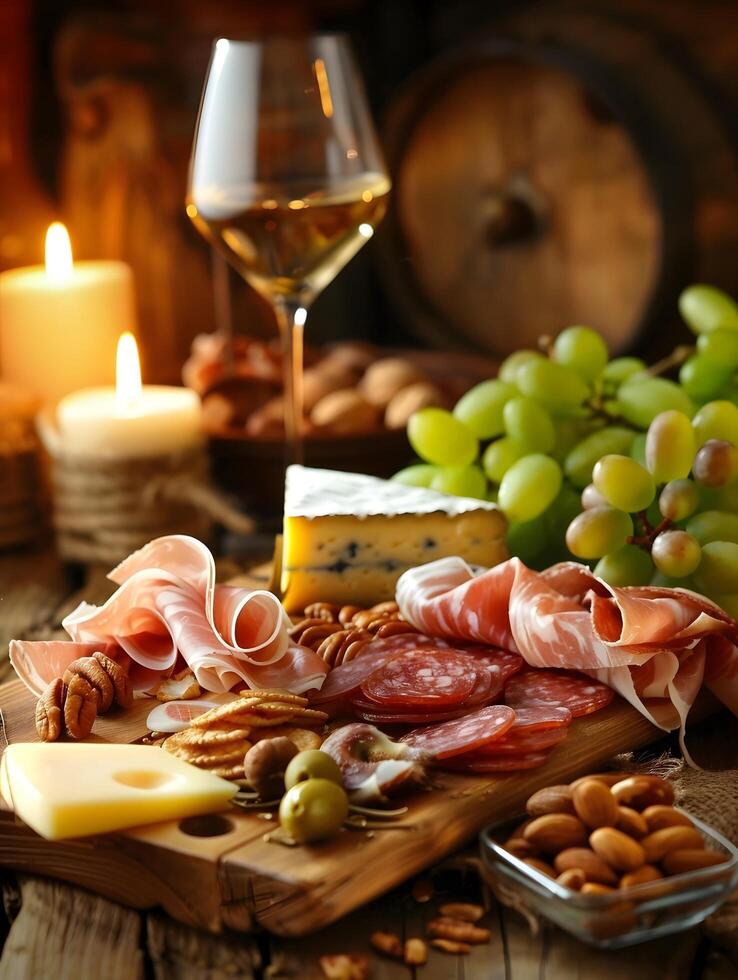 A table with cheese, nuts, and wine photo