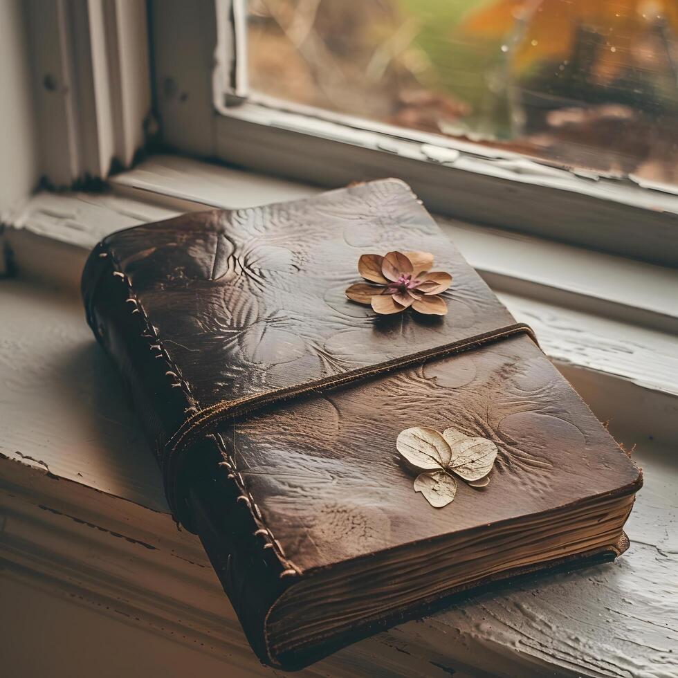 A leather journal with flowers on the cover photo