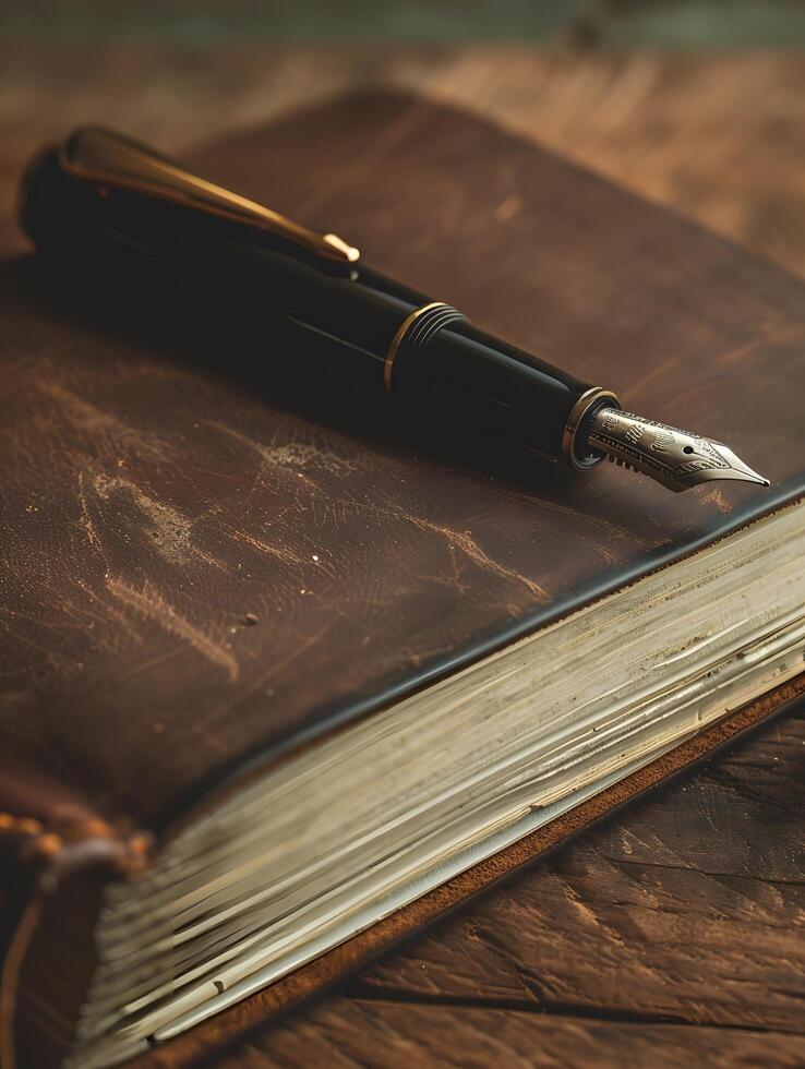 A fountain pen sits on top of an old book photo