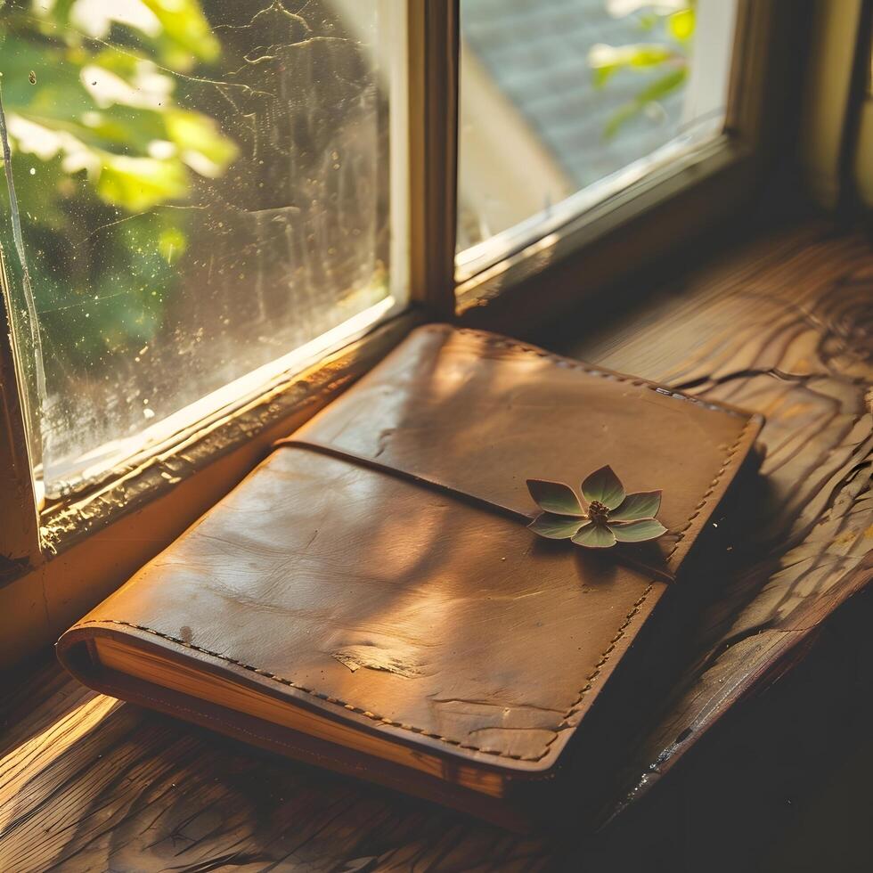 Leather journal by the window photo