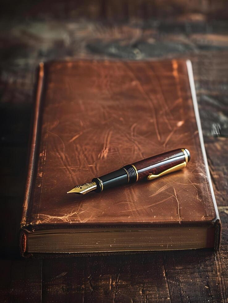 A fountain pen sits on top of an old book photo