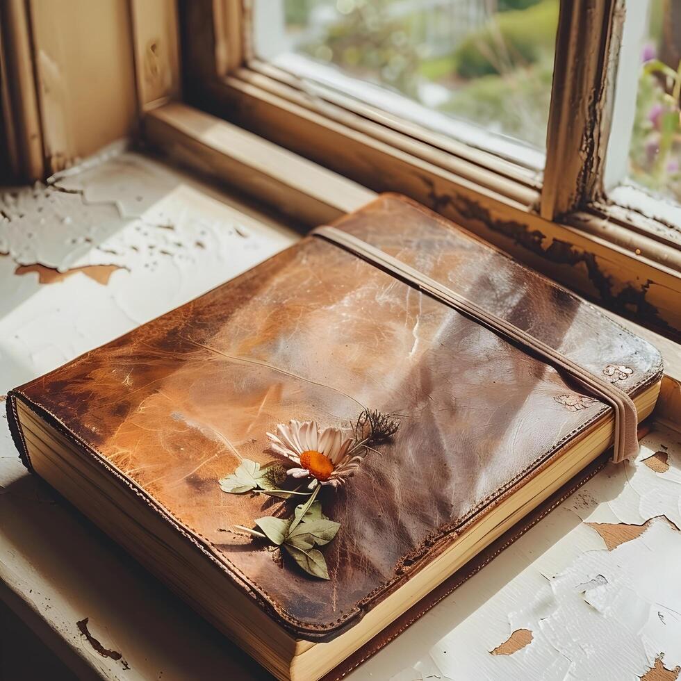Leather journal with flowers photo
