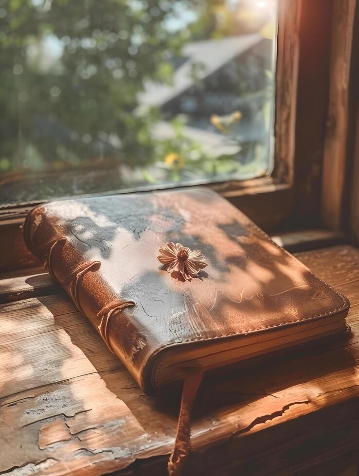 A leather book sits on a window sill with sunlight streaming in photo