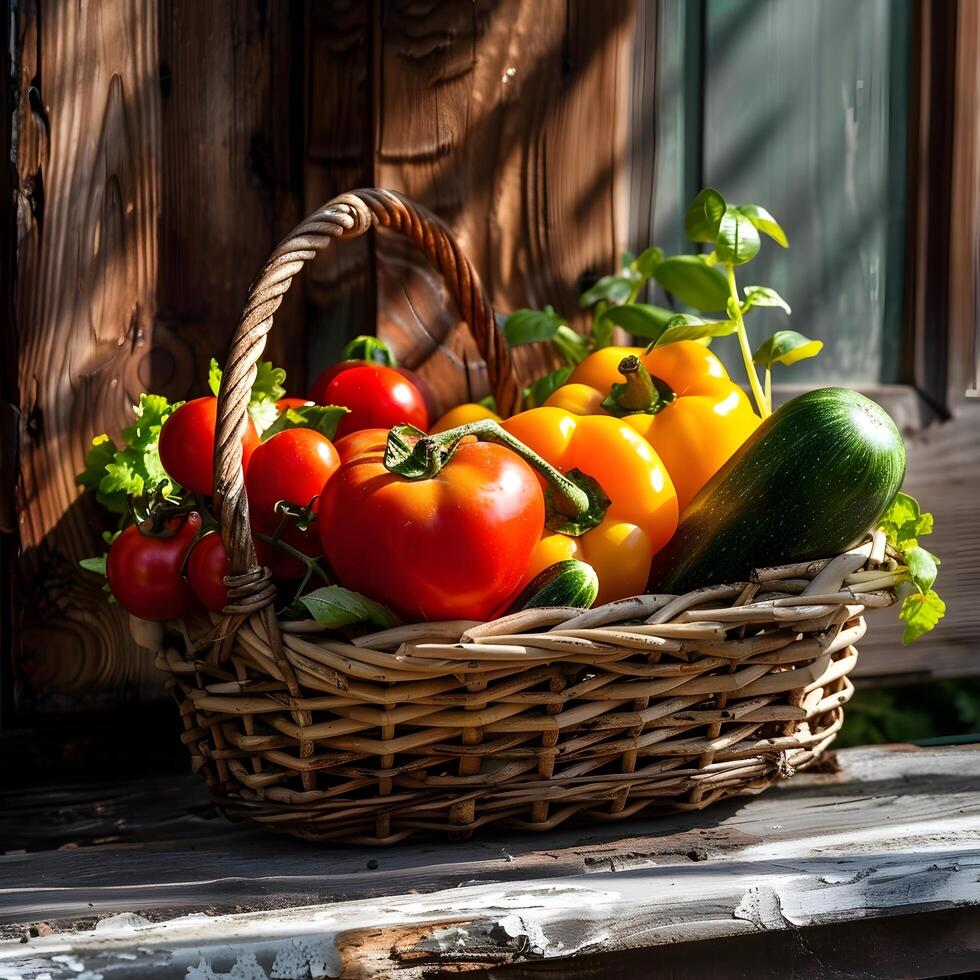 A basket of vegetables sitting on a window sill photo