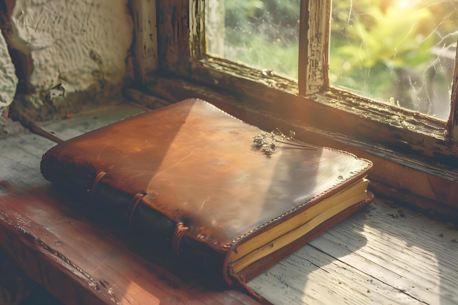 An old leather book sits on a window sill photo