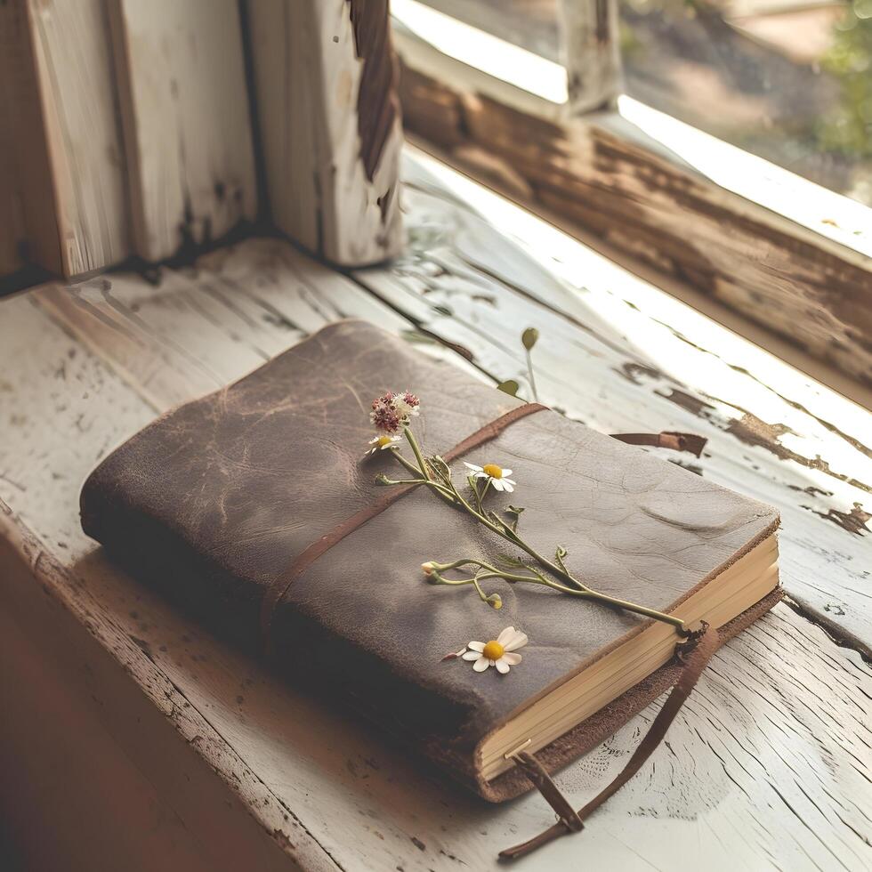 A vintage leather journal with a daisy on the cover photo