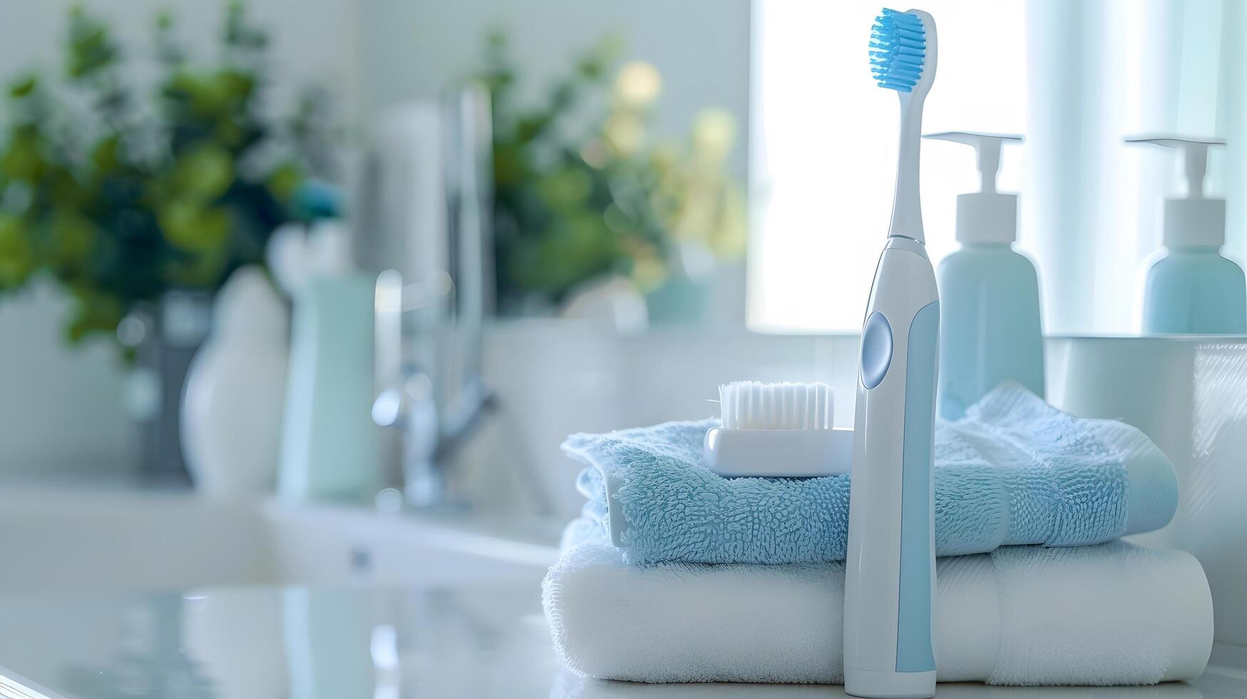 A stack of toothbrushes and toothpaste on a counter photo