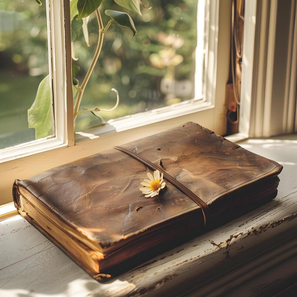 A brown leather book sitting on a window sill photo