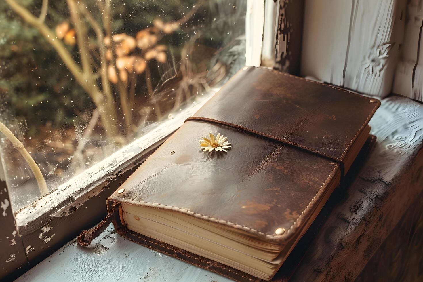 A brown leather journal sits on a window sill photo