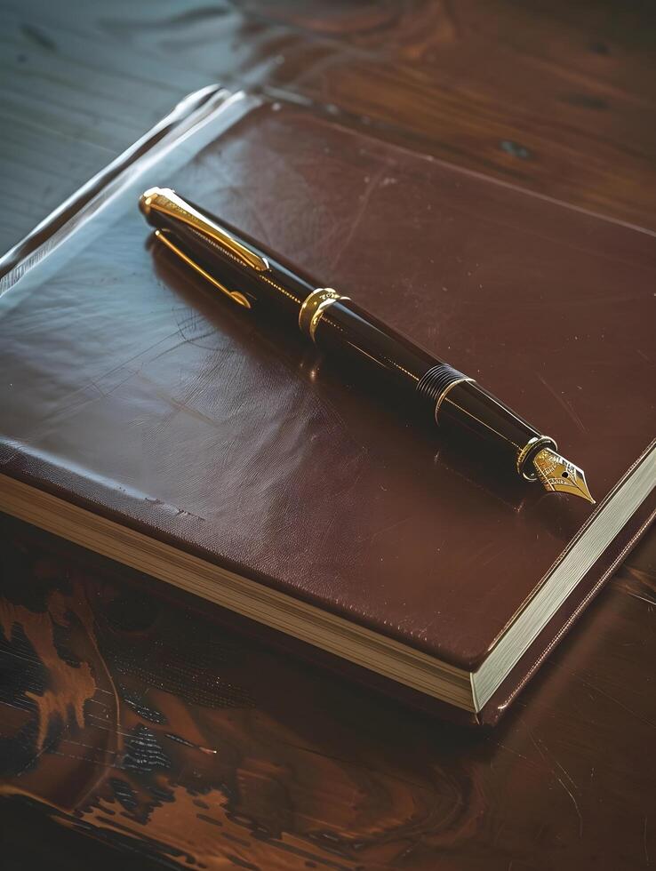 Pen and notebook on a wooden table photo