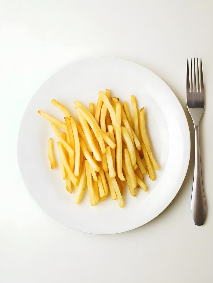 A plate with french fries and a fork photo