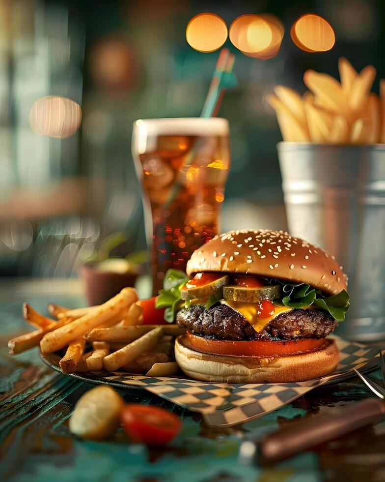 A hamburger and fries on a table with a drink photo