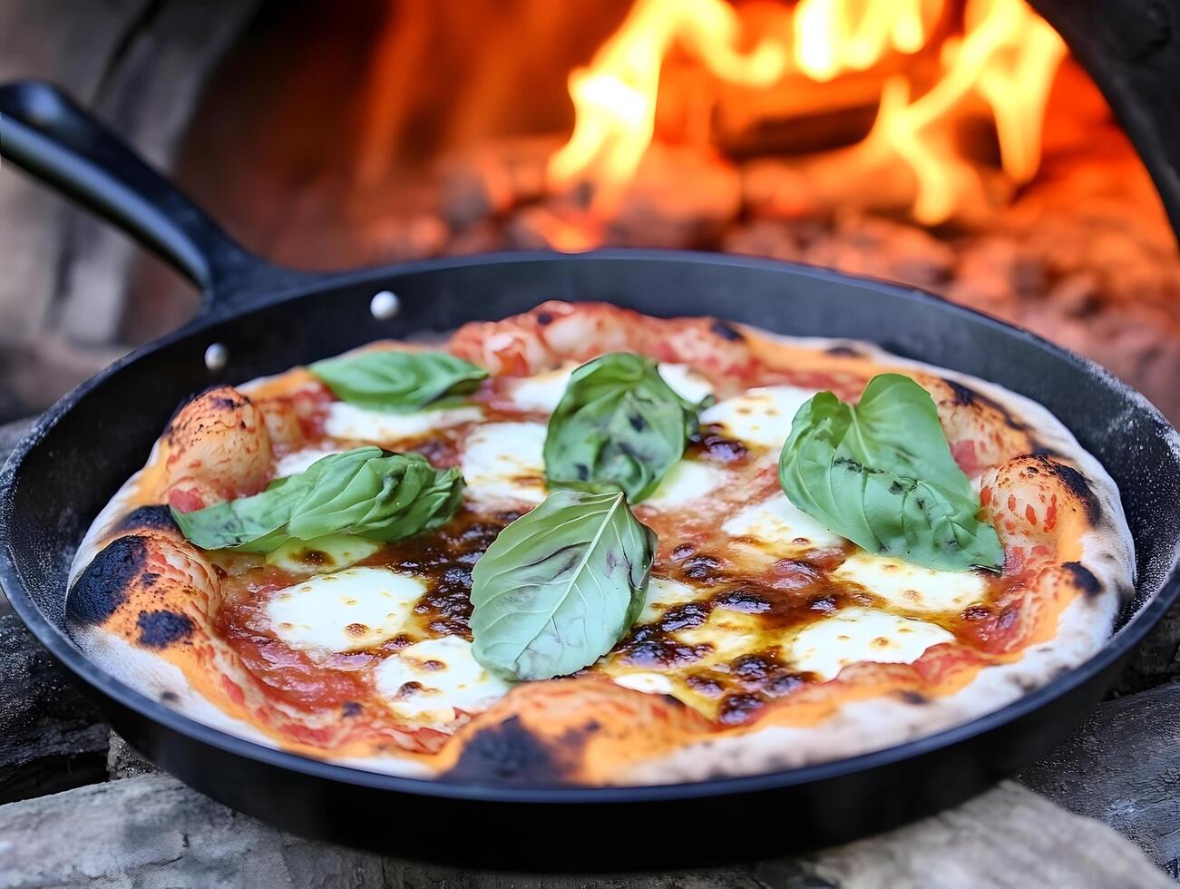A pizza is being cooked in a pan on a fire photo