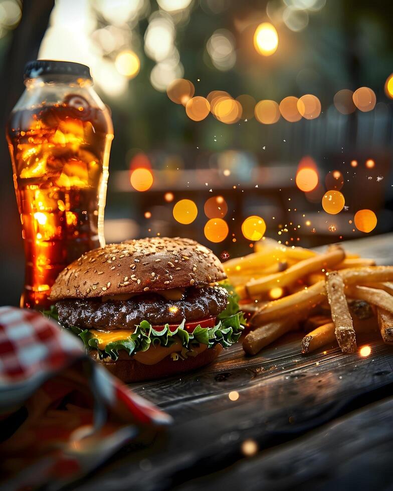 A hamburger and fries on a table with a drink photo