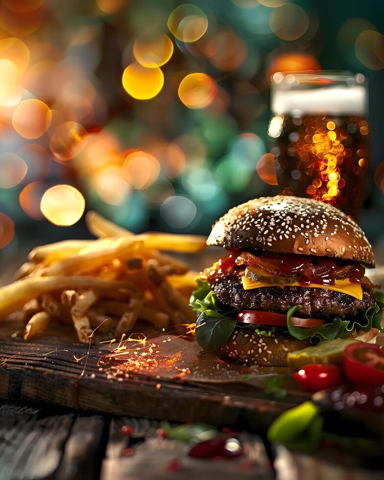 A hamburger and fries on a wooden table photo