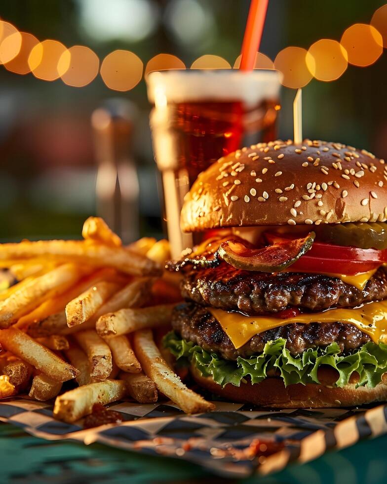A hamburger and fries on a table photo