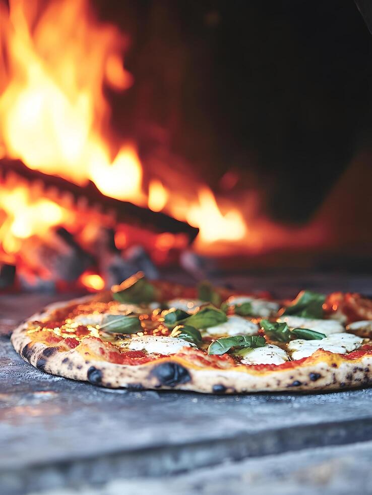 A pizza sitting on top of a stone counter photo
