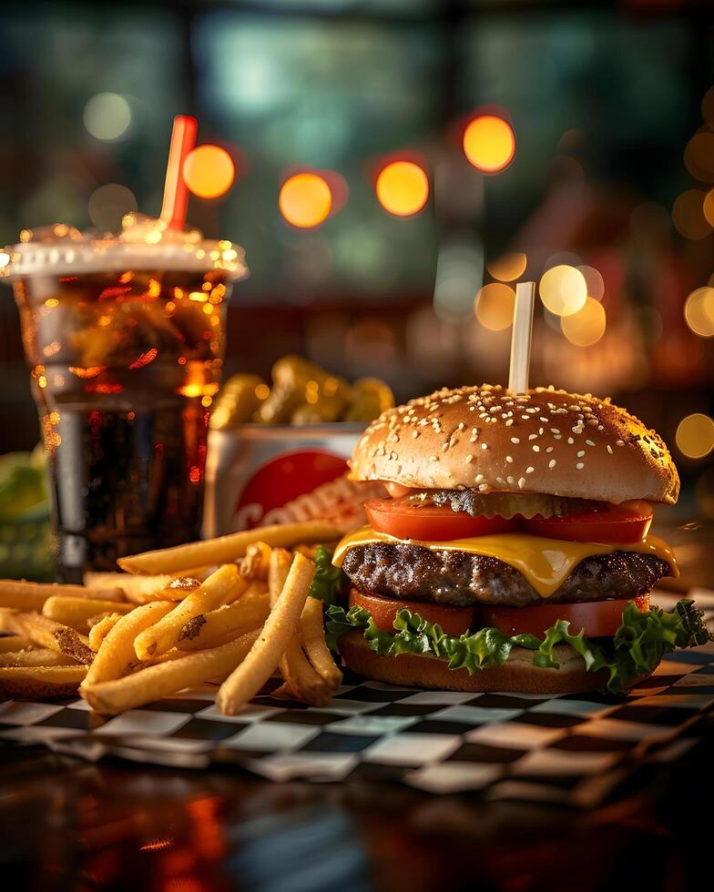 A hamburger and fries sit on a table photo