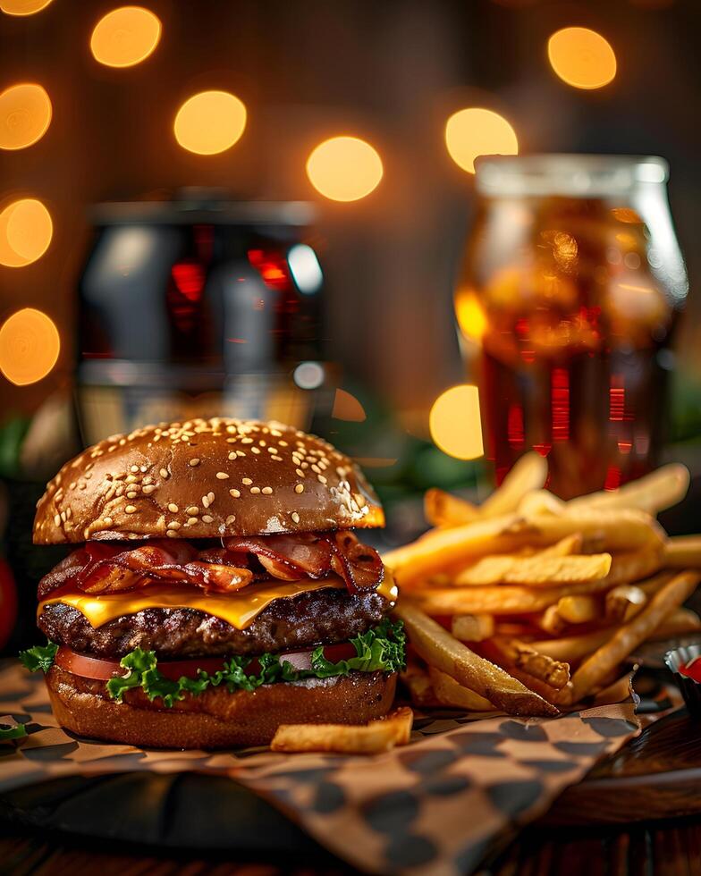 A hamburger and fries on a table with a beer photo