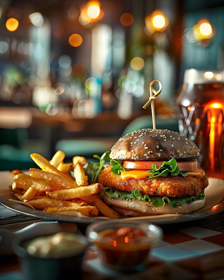 A burger and fries on a plate photo