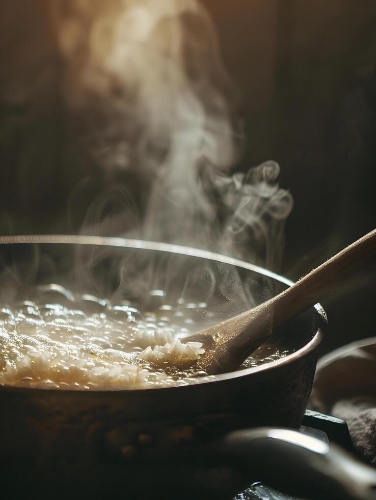 A pan with food cooking on top of a stove photo