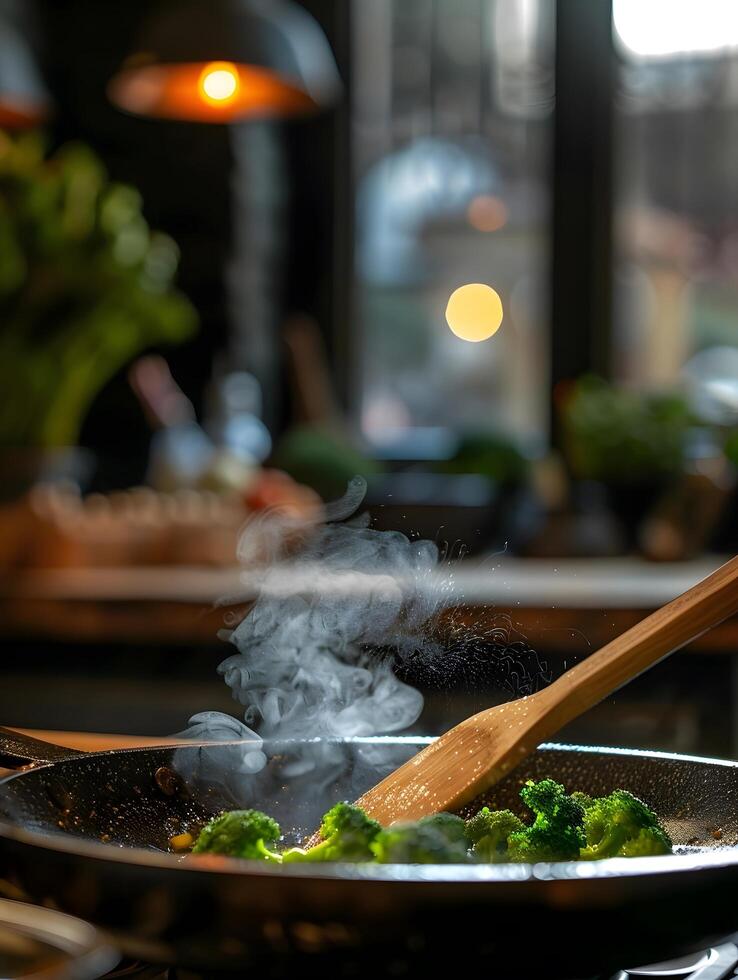 A pan with broccoli and a wooden spoon on top photo