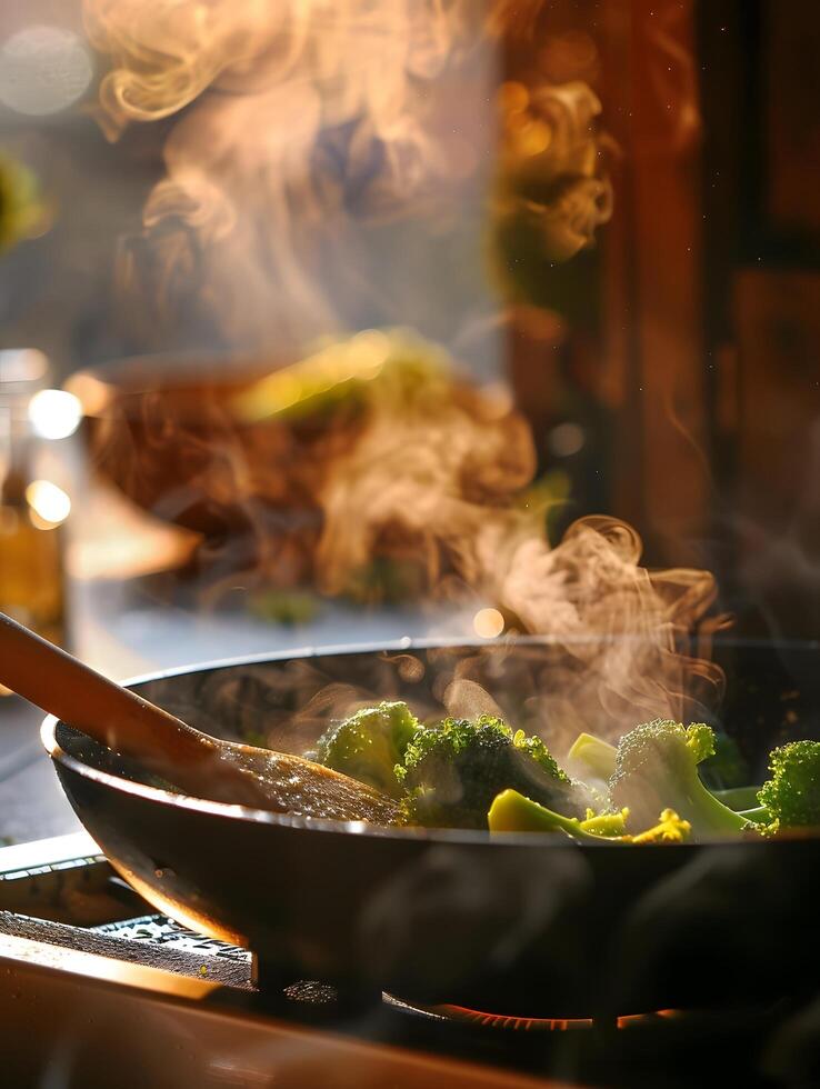 A pan with broccoli and a wooden spoon photo