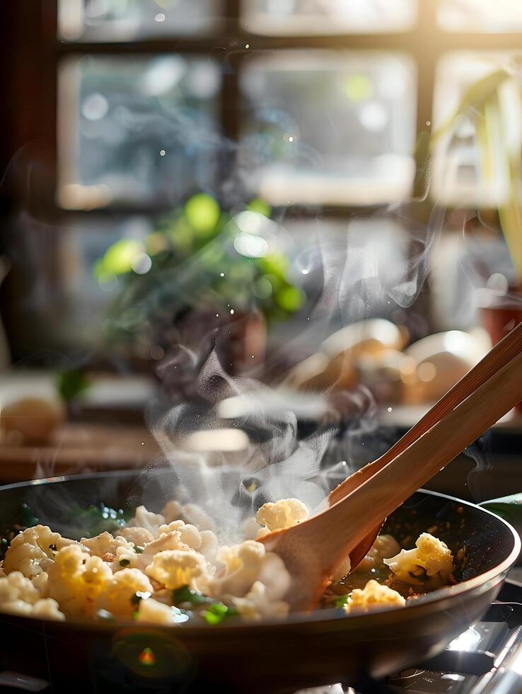 A pan with food cooking on a stove top photo