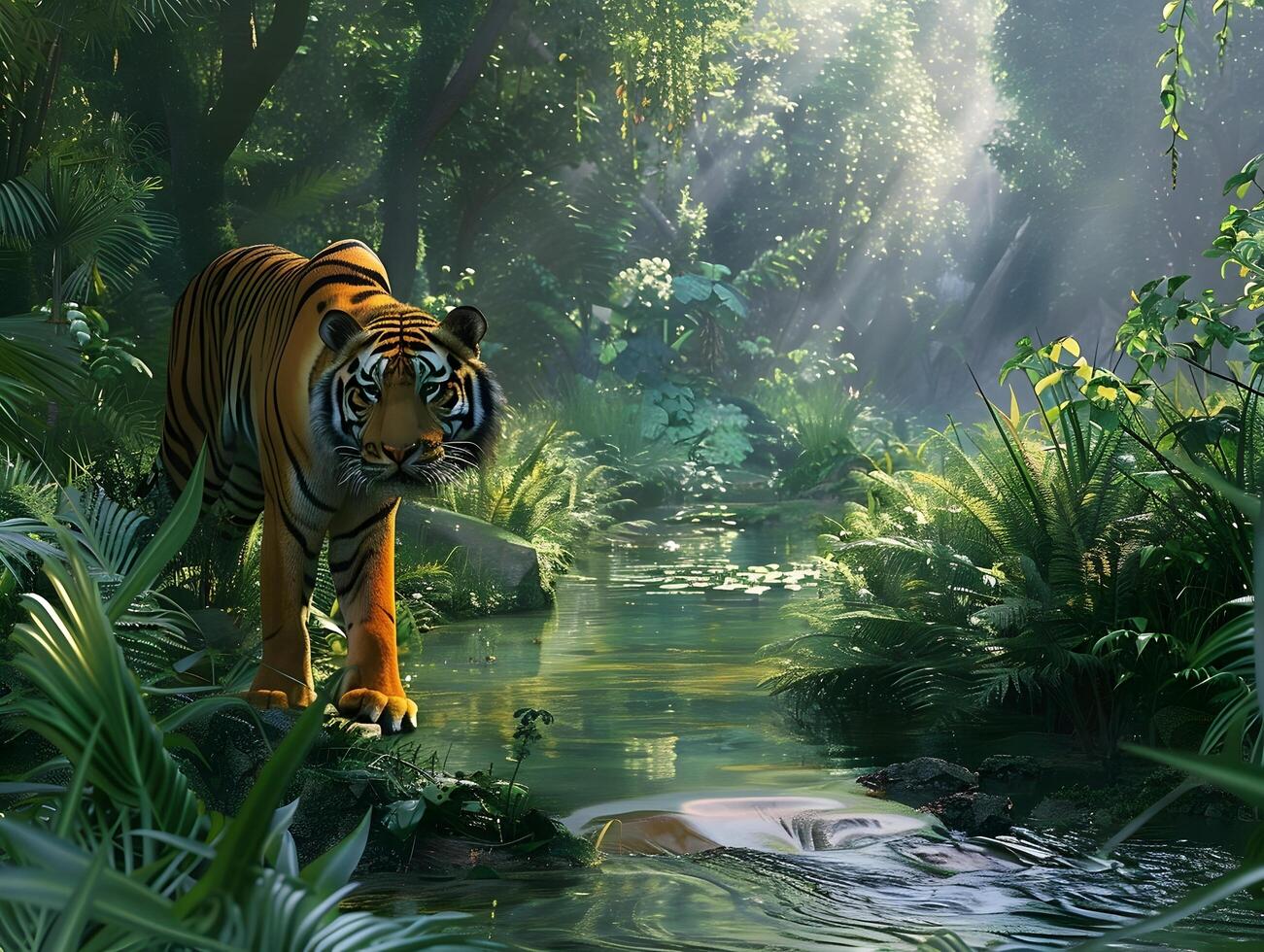 A tiger walking through a jungle photo