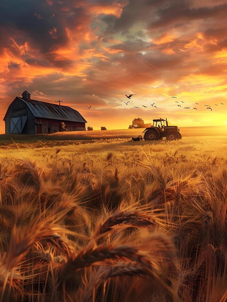 A tractor and barn in a field at sunset photo