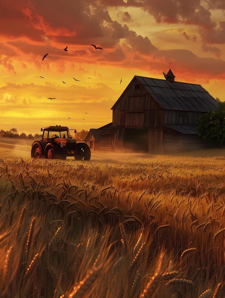 A tractor in a field with a barn at sunset photo