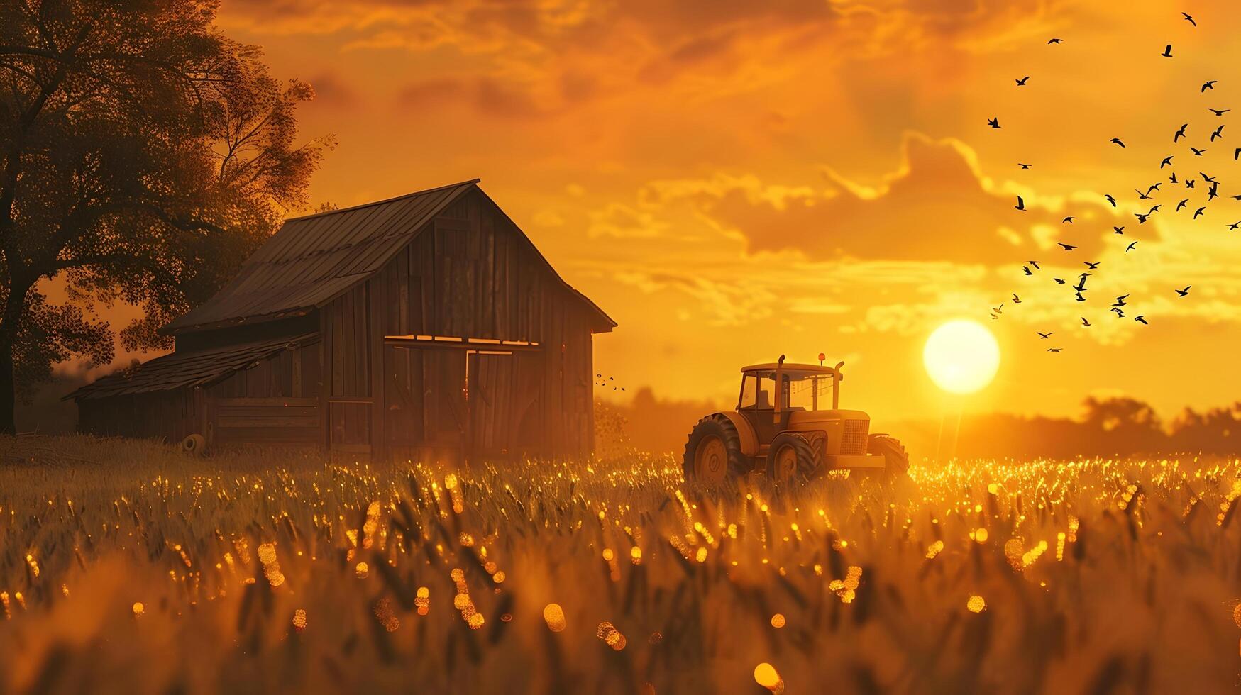 A tractor in a field with birds flying in the sky photo