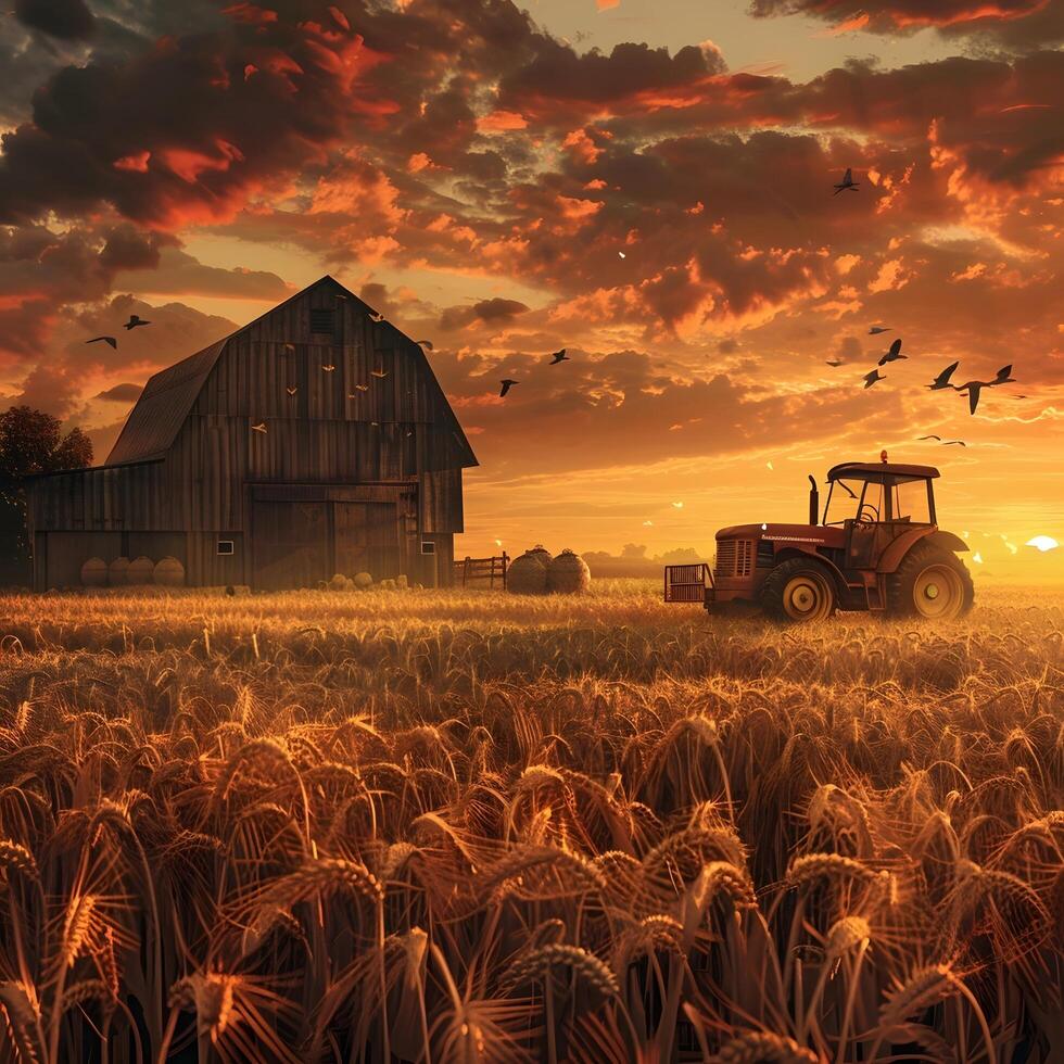 A tractor in a field with a barn and birds flying photo