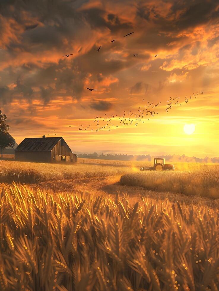 A farm and tractor in a field at sunset photo
