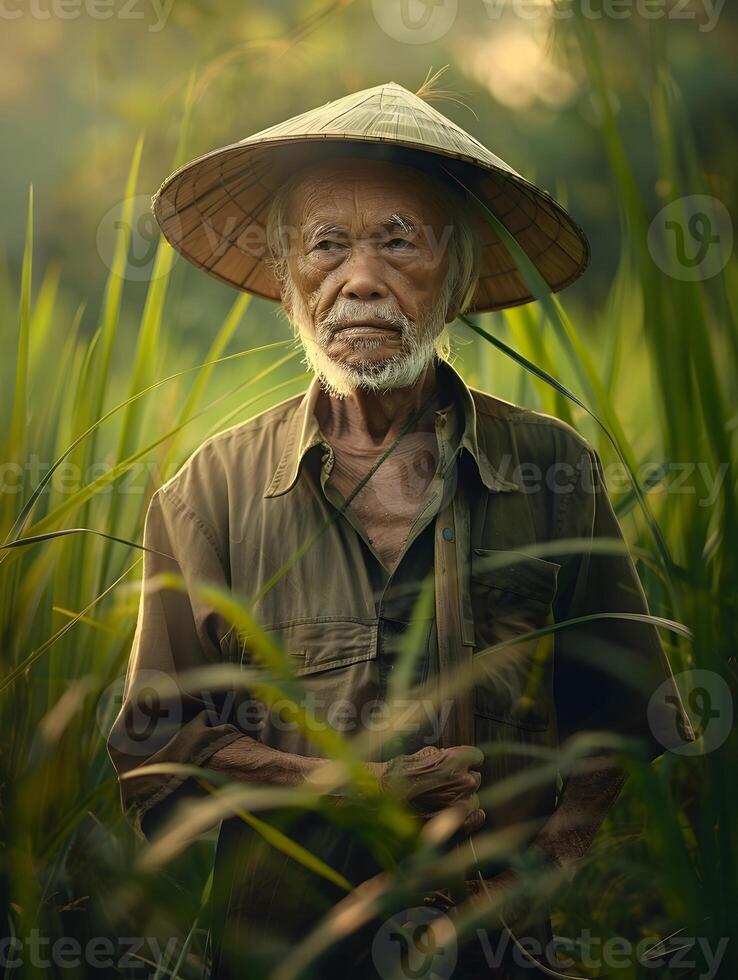 An old man wearing a hat in the middle of a field photo