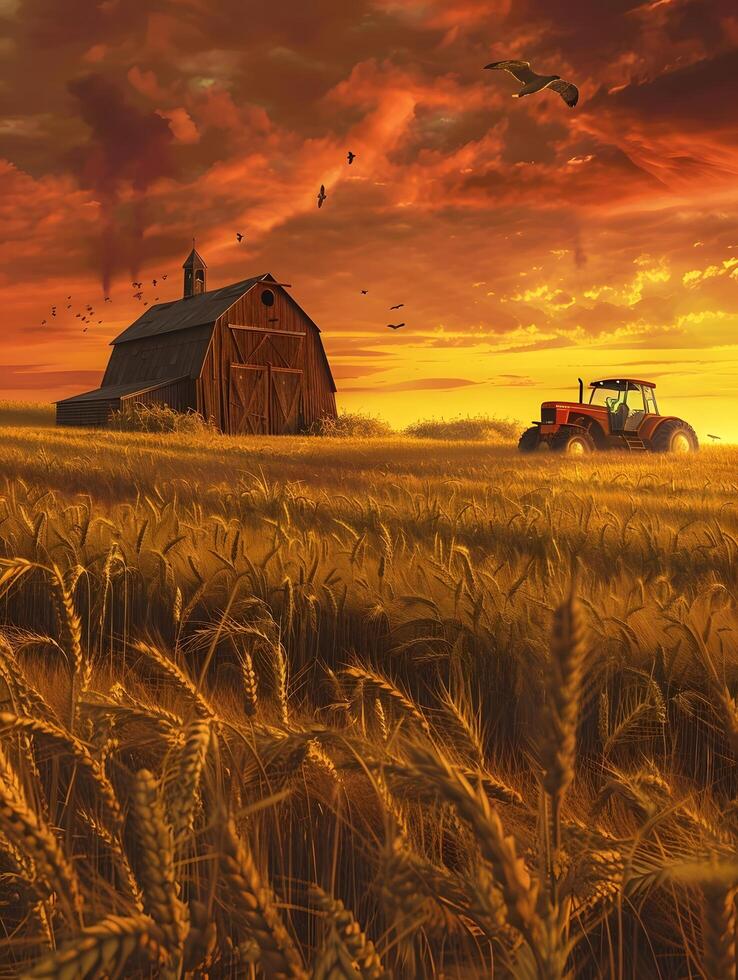 A tractor is in the middle of a field with a barn in the background photo