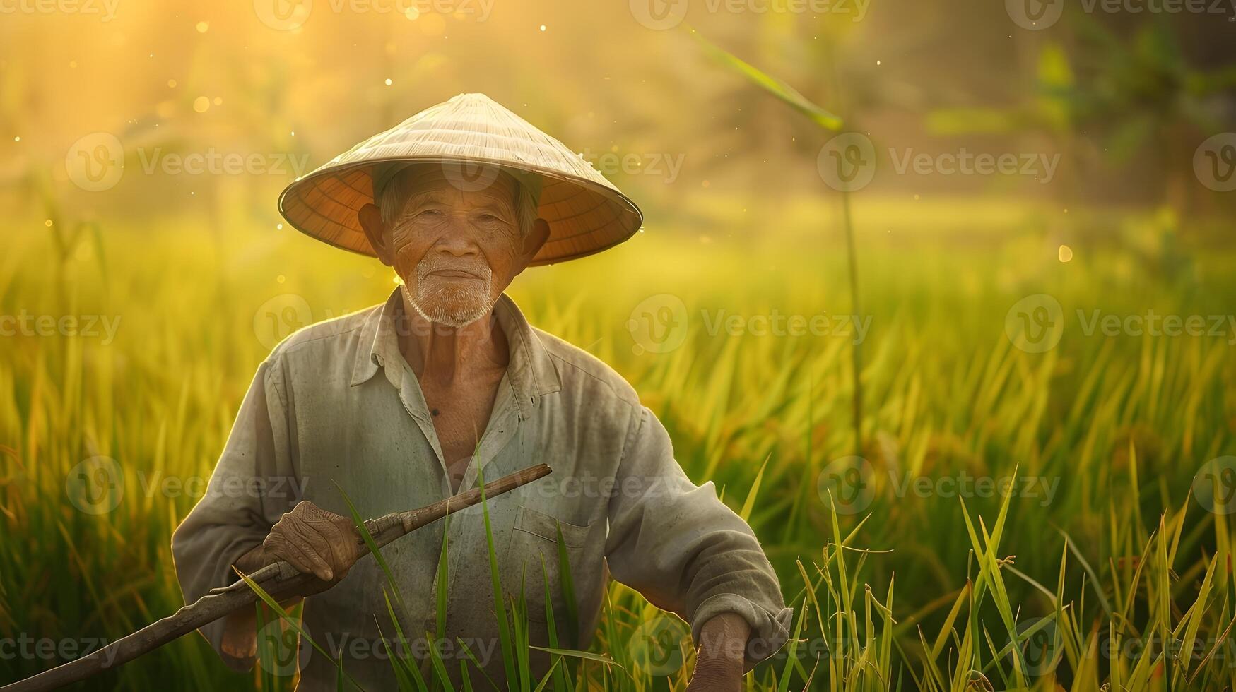 An old man in a rice field with a stick photo