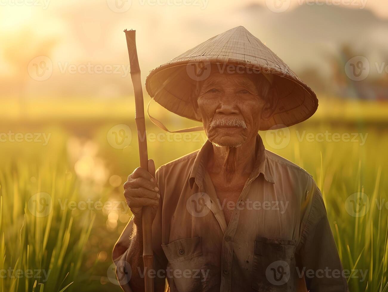 An old man with a hat and stick in a rice field photo
